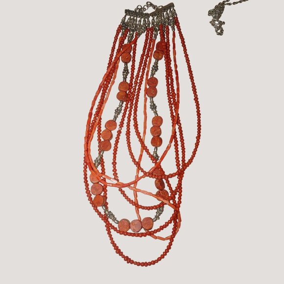 Red Coral Multi Strand Necklace 16 Inch Mexican 925 Sterling Silver Intricate - Picture 3 of 11